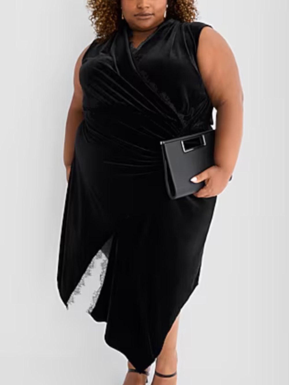 Ashley Graham Womn 2X Black Velvet Lace Edge Sleeveless Midi Faux Wrap Dress NWT